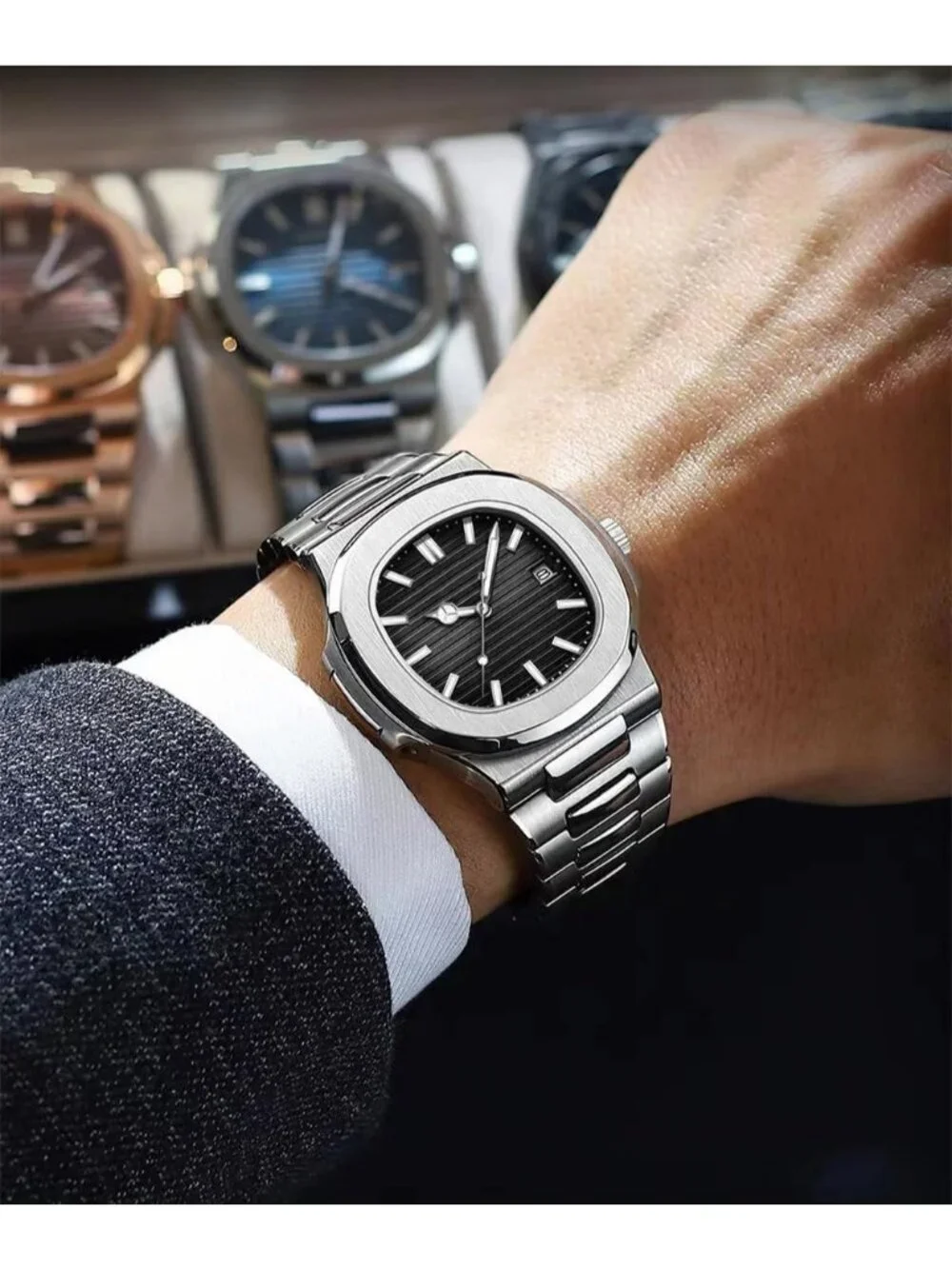 Men's Black Stainless Steel Strap Quartz Movement Waterproof Date Wrist Watch